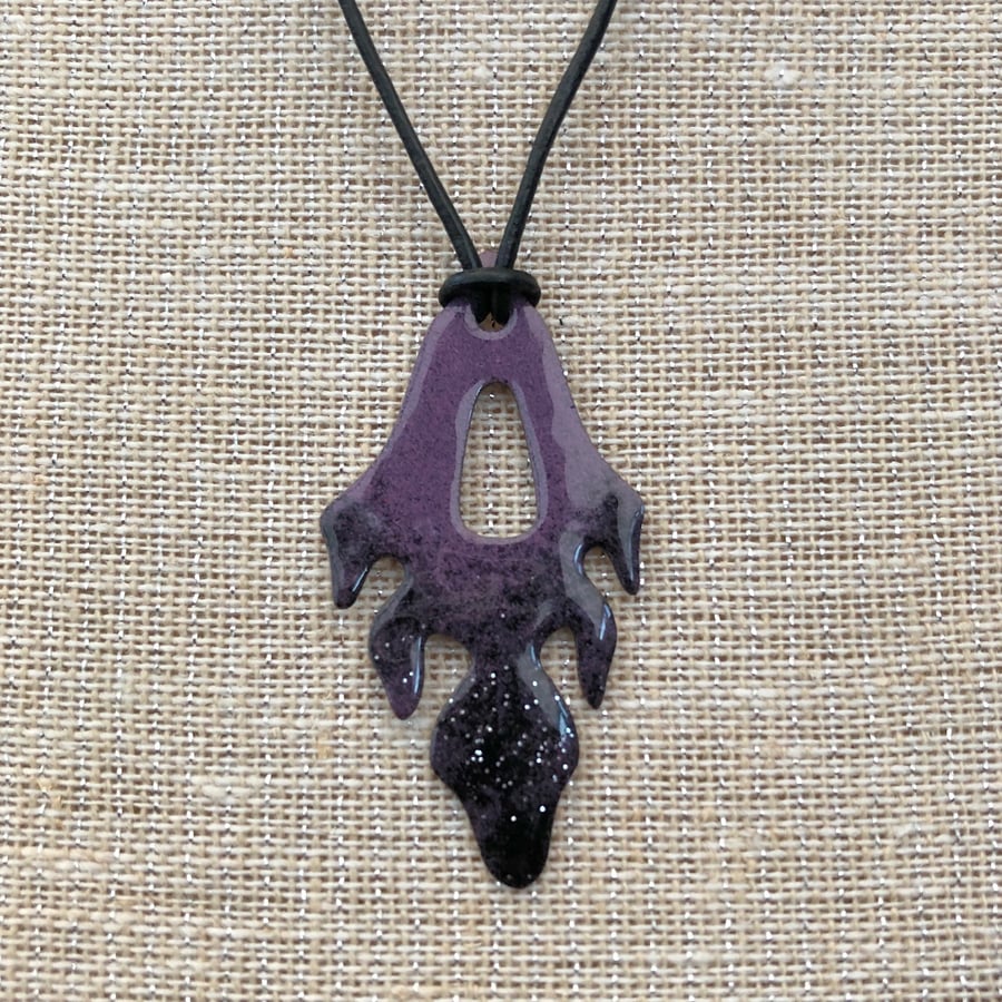 Purple flame enamel and leather necklace. 