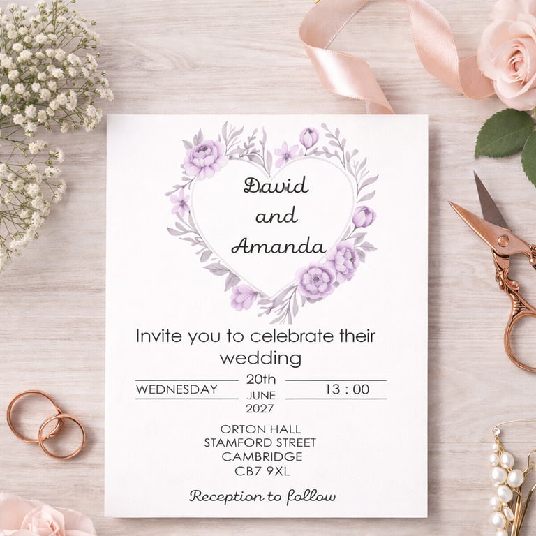 Personalised Wedding Invitation & RSVP Set.  Lilac Love Heart 