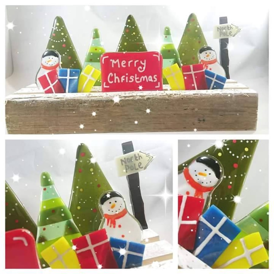 Fused Glass Christmas Scene Freestanding in Recycled Wooden BLOCK