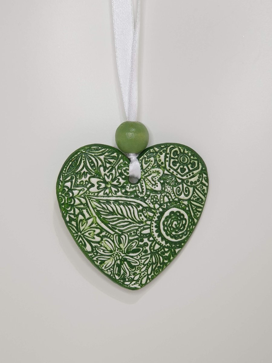 Green heart decoration, clay love heart hanging ornament, gift for her