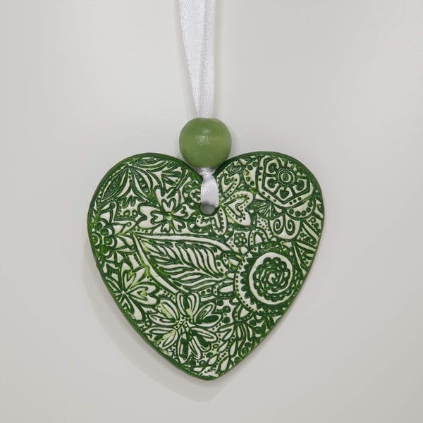 Green heart decoration, clay love heart hanging ornament, gift for her