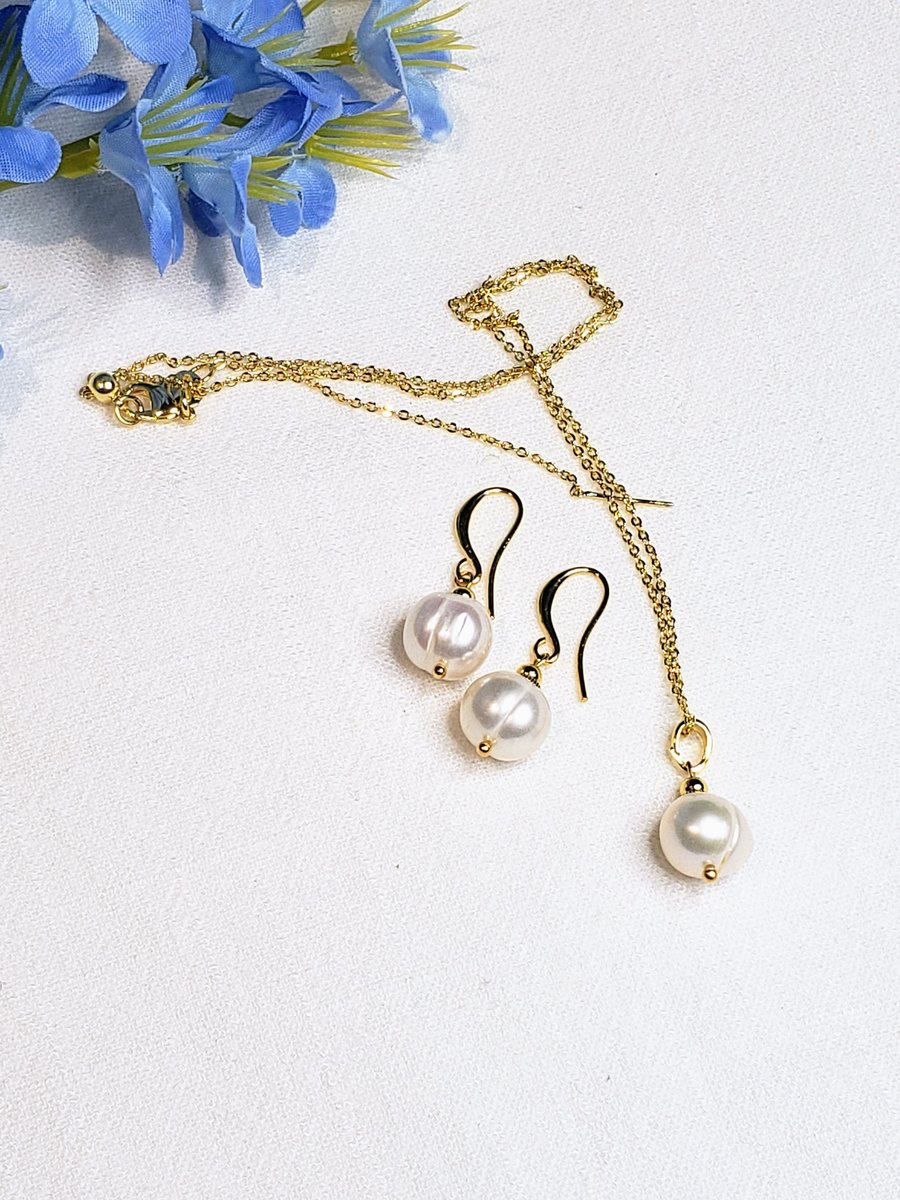 18K Gold Plated Freshwater Pearl Set Earrings Necklace Gift For Her