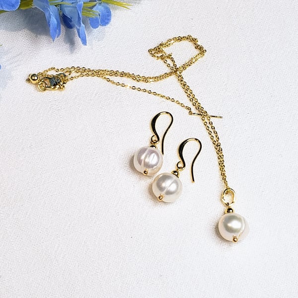 18K Gold Plated Freshwater Pearl Set Earrings Necklace Gift For Her