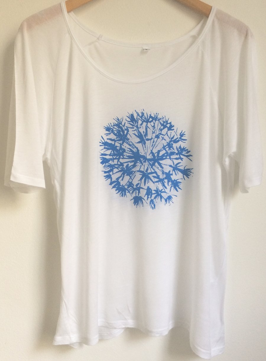 SALE Allium blue flowers womens white Tencel  semi sheer summer T shirt