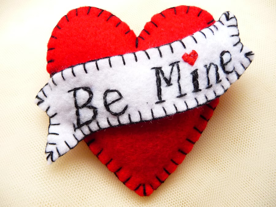 FB055 - Hot Red - Be Mine - Heart Shape Handmade Felt Brooch For Your Loved One 