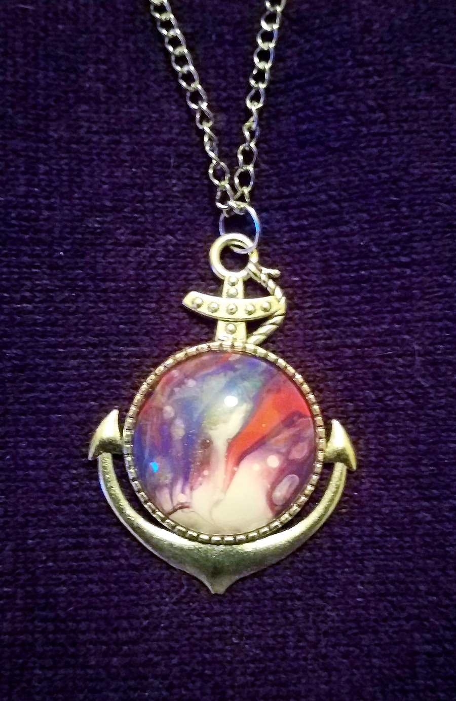 Unique handmade fluid art anchor pendant, purple and red