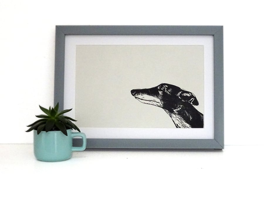 Black Sighthound Lino Print - Greyhound, Whippet, Galgo, Lurcher, dog dad,
