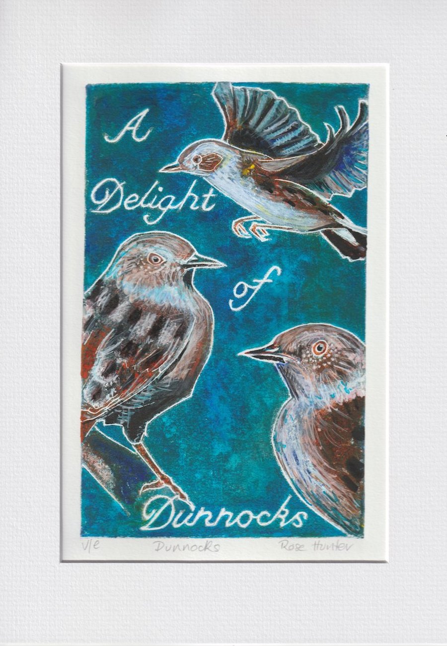 A Delight of Dunnocks - 001 original hand painted Lino print