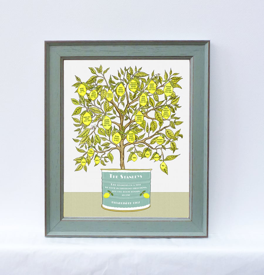 Lemon Family Tree Print with up to 5 generations of ancestor & descendant names