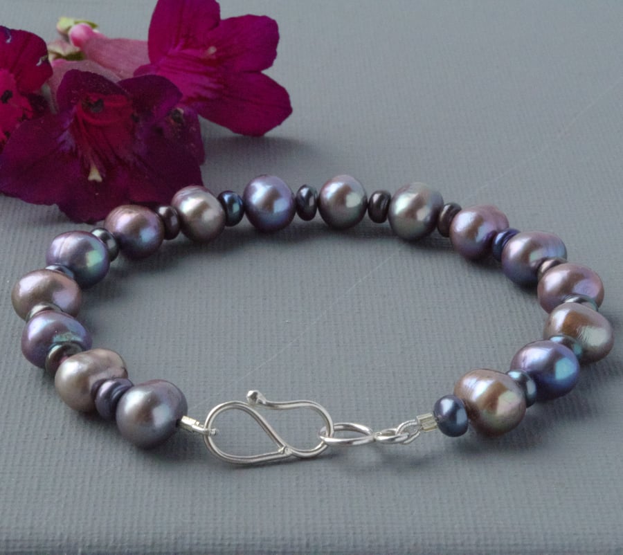 Grey Freshwater Peacock Pearl Bracelet With Hand Forged Sterling Silver Clasp 