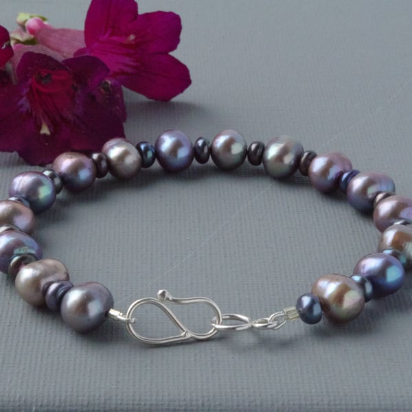 Grey Freshwater Peacock Pearl Bracelet With Hand Forged Sterling Silver Clasp 