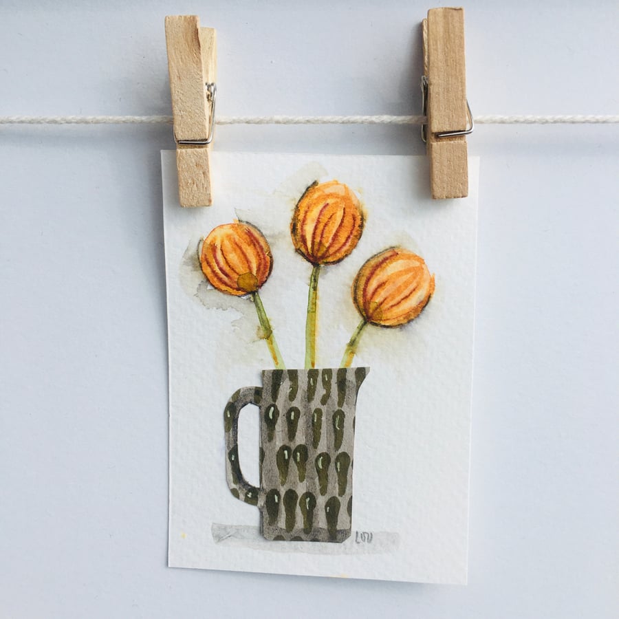 Original watercolour  collage miniature painting ACEO still life flowers in jug