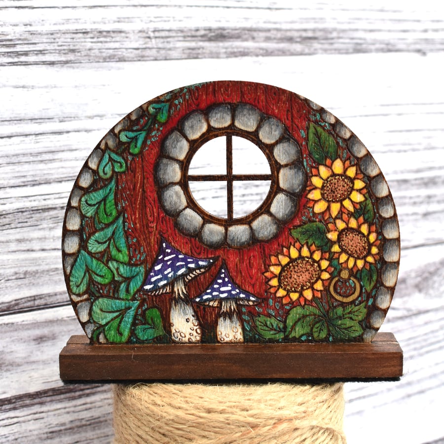 Sunflower and toadstool pyrography free standing fairy door