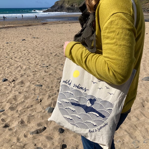 'Wild swims' screen printed cotton reusable tote bag