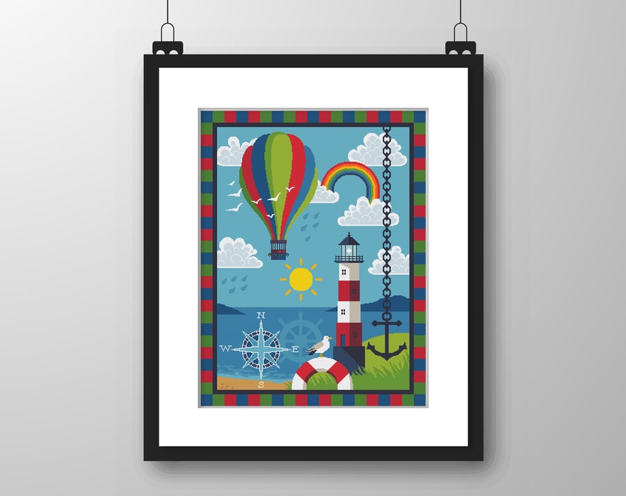 128 - Colourful Lighthouse & Hot Air Balloon - Cross Stitch Pattern