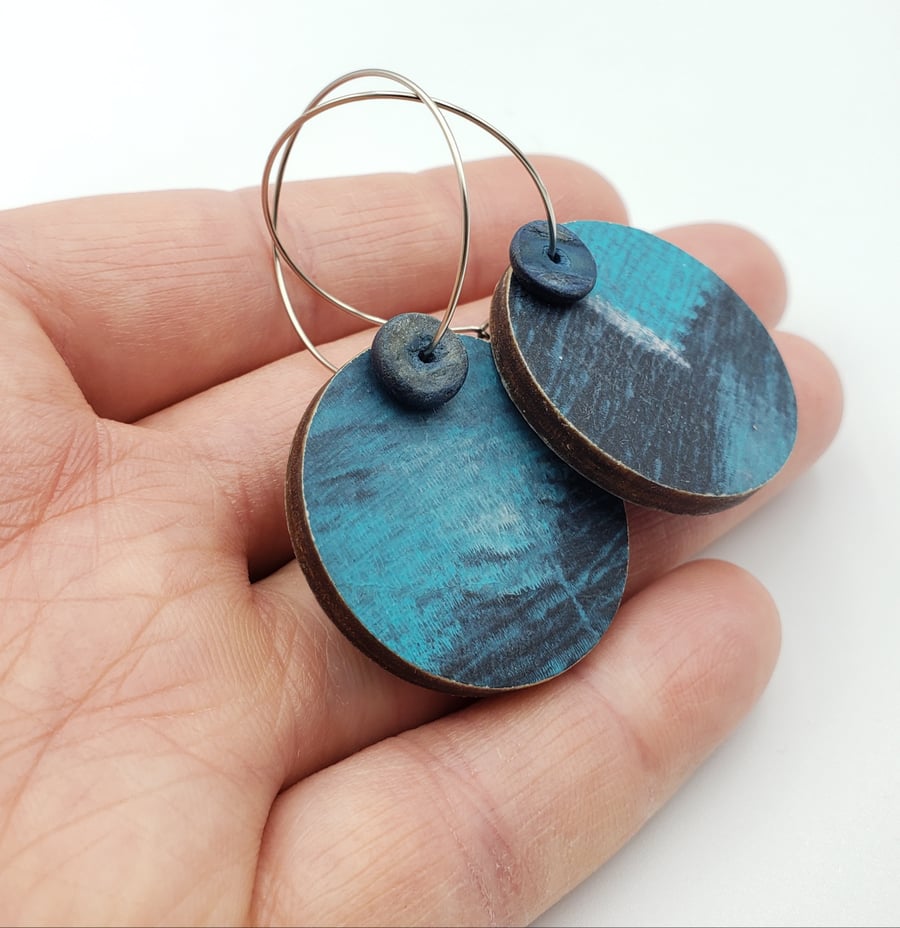 Blue hand printed dangly earrings