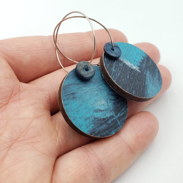 Blue hand printed dangly earrings