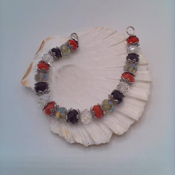 Red Black and Clear Crystal Bracelet with Silver Plated Bead Caps, Gift for Her