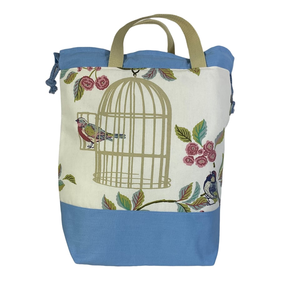 Extra Large canvas drawstring knitting bag with bird and floral print, multi poc