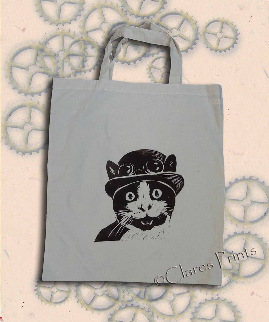 Steampunk Cat Tote Bag Animal Linocut Hand Printed Cream Shopping Bag