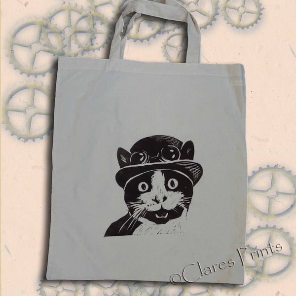 Steampunk Cat Tote Bag Animal Linocut Hand Printed Cream Shopping Bag