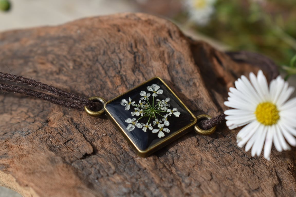 Adjustable Resin Bracelet with Real Pressed Wild Flower, Waxed Cotton Cord