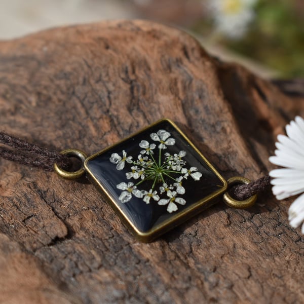 Adjustable Resin Bracelet with Real Pressed Wild Flower, Waxed Cotton Cord