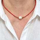 Ruby Glow — Preciosa Seed Bead & Freshwater Pearl Necklace