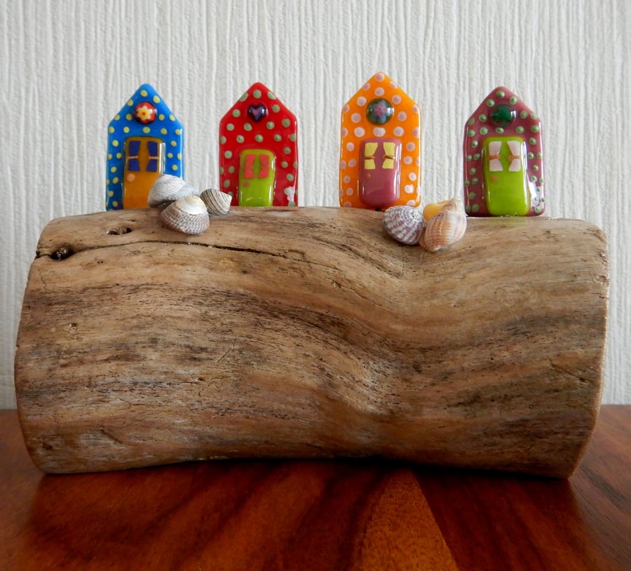 Handmade Fused Glass 'Beach Huts' ornament.