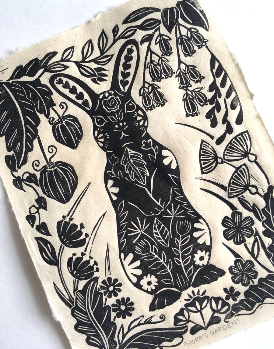 Rabbit and Flowers lino print, original art print, black bunny linocut on washi