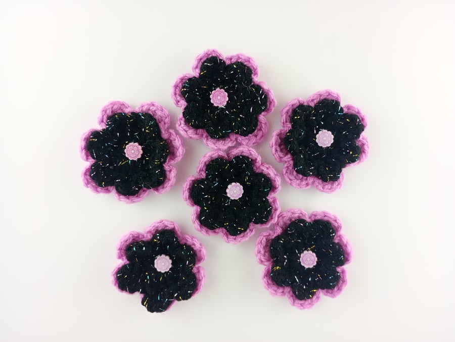 Crochet Flowers - Set of 6 two layered pink and black crochet flowers