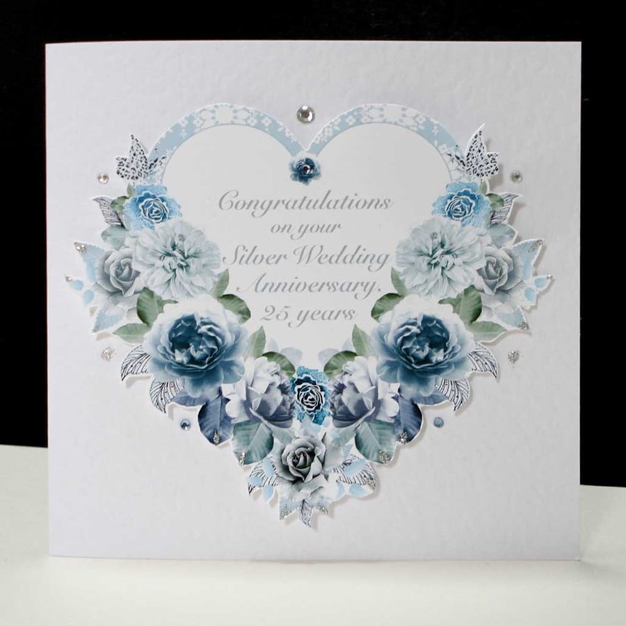 Silver Wedding Anniversary - Antique Rose Heart handmade Card