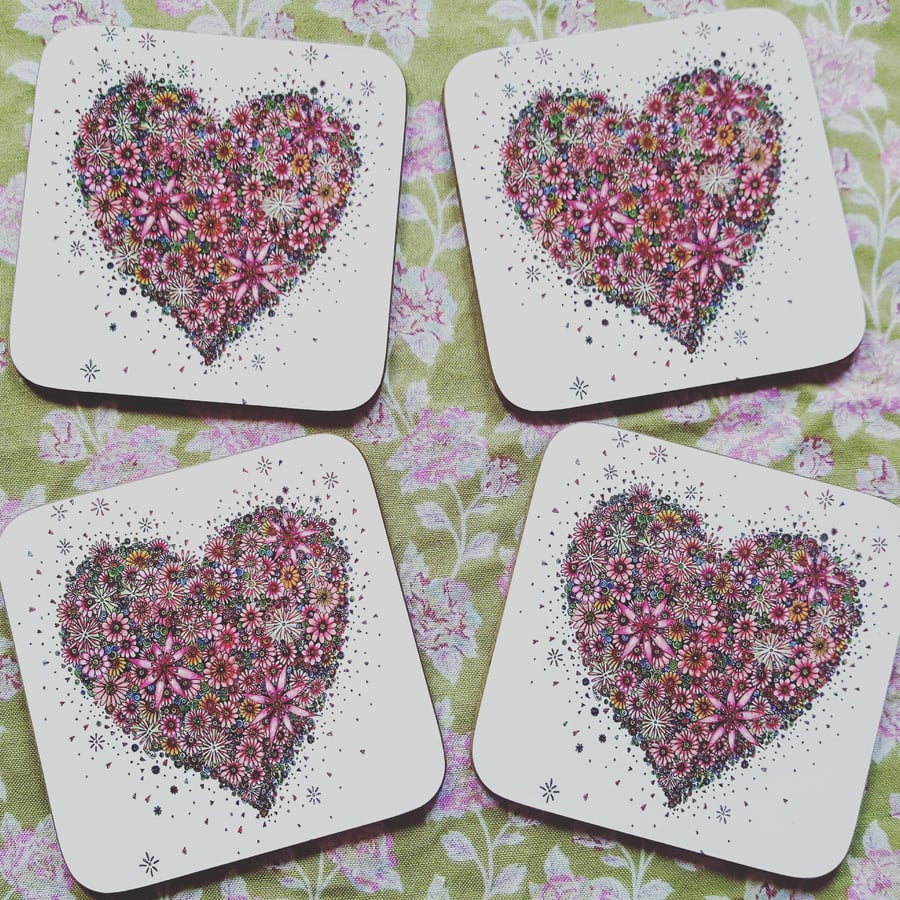Pink floral heart set of 4 x Coasters