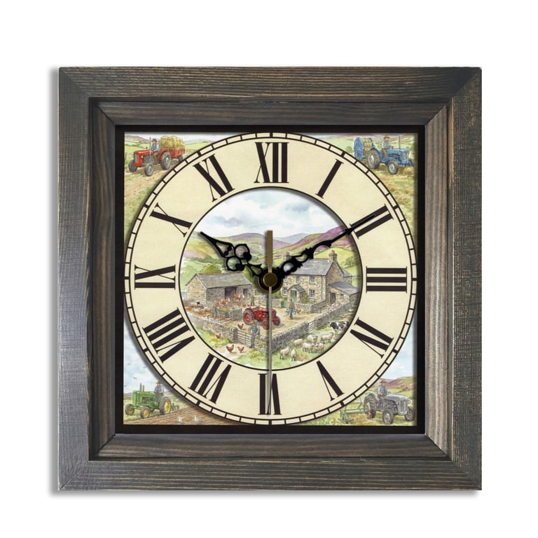 Vintage Style Farmyard & Tractor Scene Square Wooden Wall Clock -Handmade 8x8"