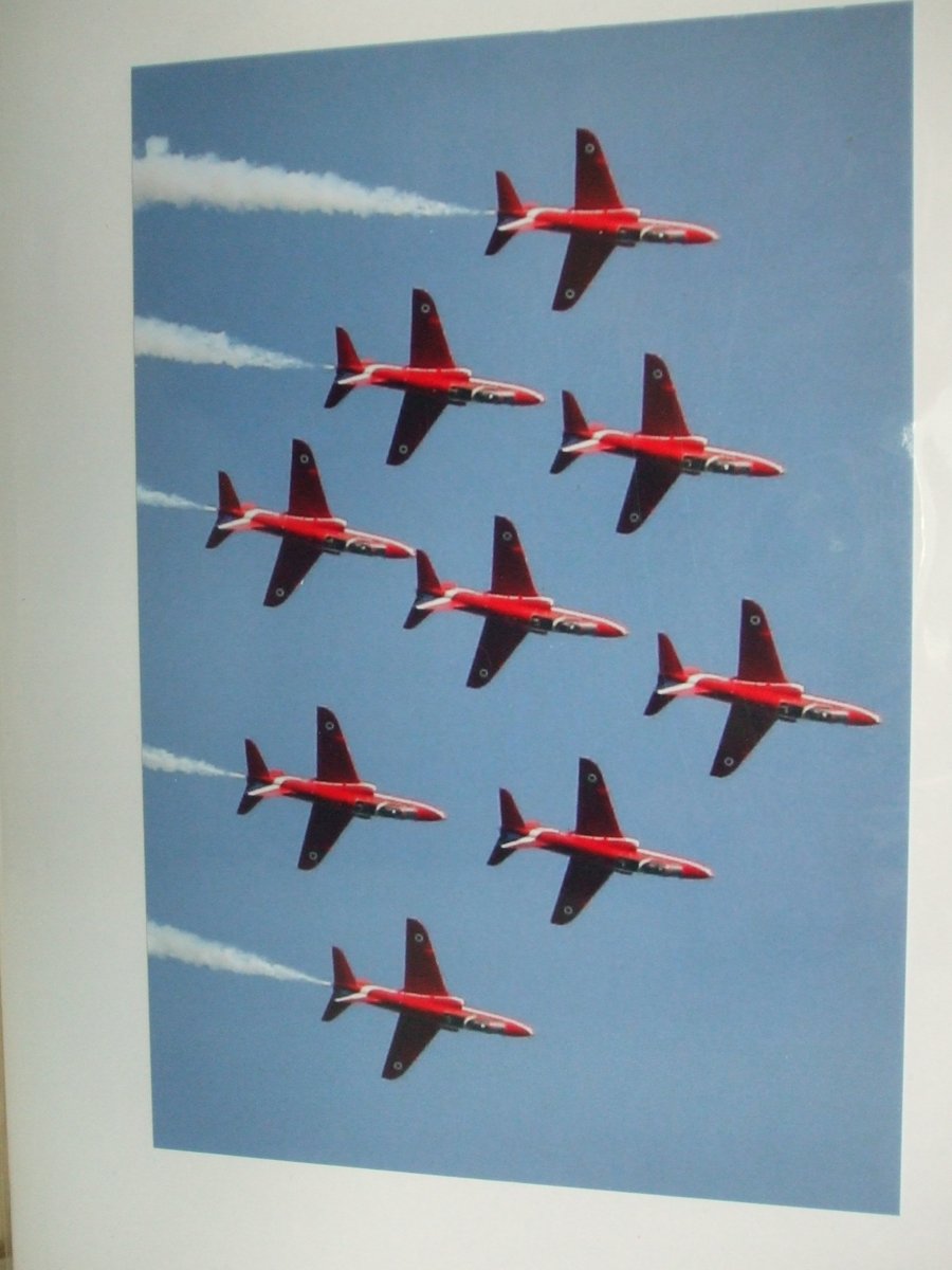 Photographic greetings card of the Red Arrows in diamond formation.