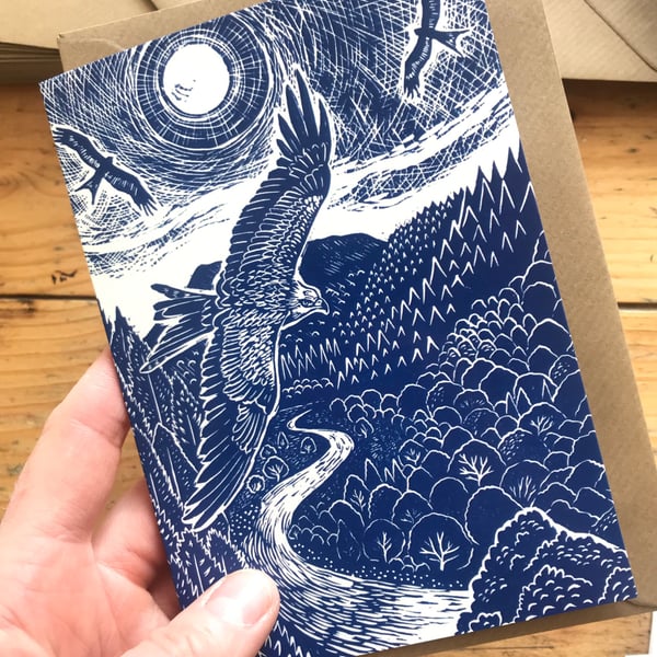 Red Kite lino print greeting card