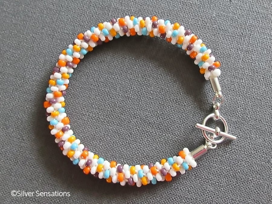 White & Multi Colours Kumihimo Seed Bead Fashion Bracelet
