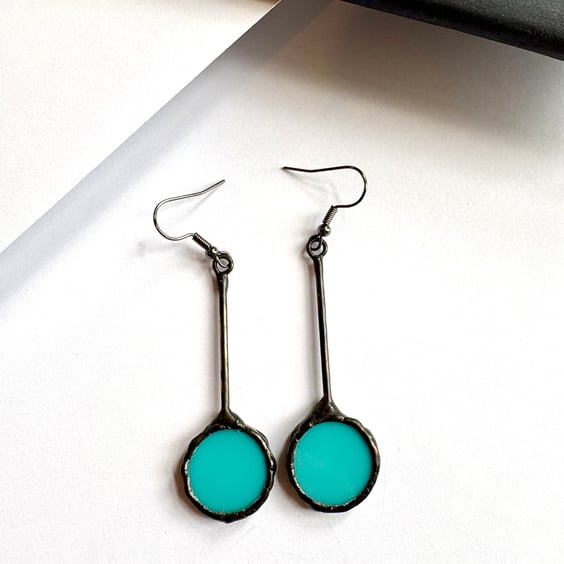 Marine green stained glass earrings, minimalist, everyday, handmade earrings 