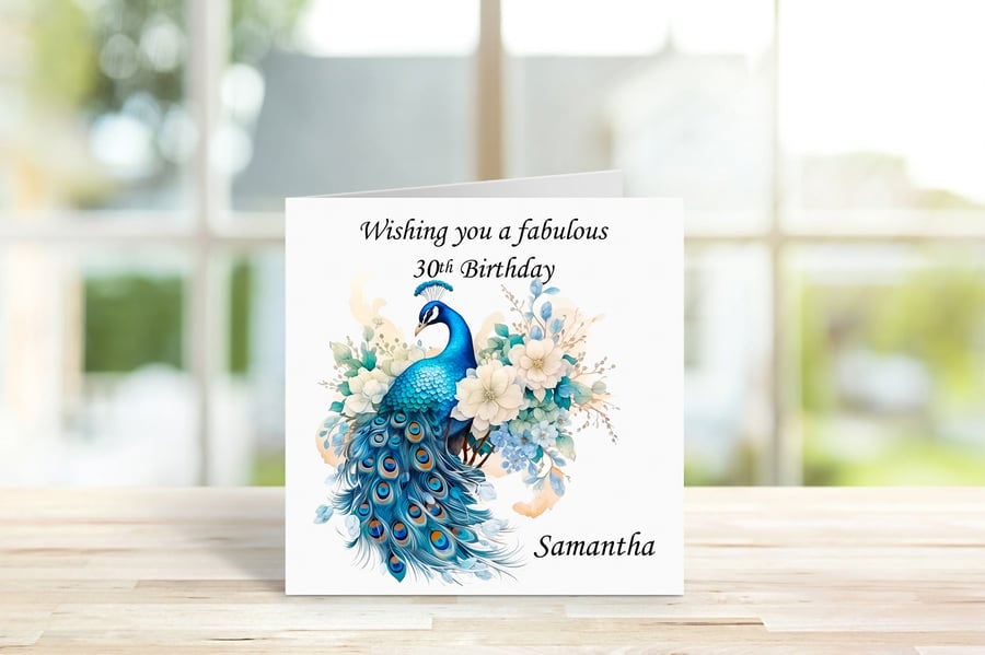 Personalised Beautiful Elegant Peacock Birthday Card. Design 3