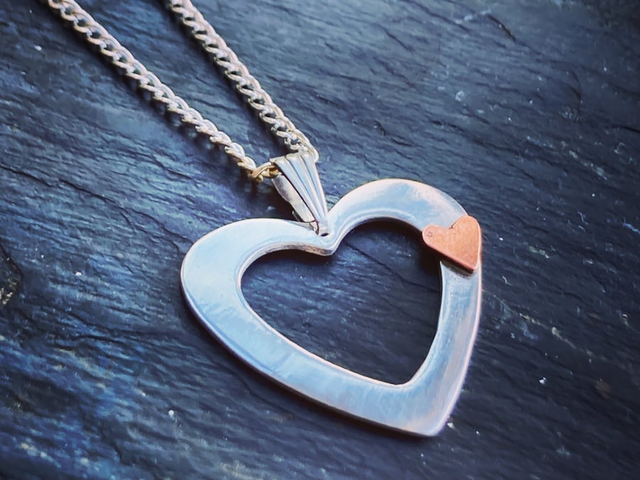 Handmade Fine Silver Heart Pendant Necklace with Copper Heart Detail