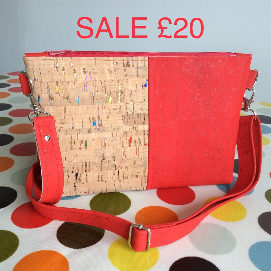 SALE. Small cork fabric crossbody bag, shoulder bag, red and multi flecked