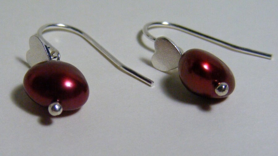 Red Freshwater Pearl and Sterling Silver Earrings