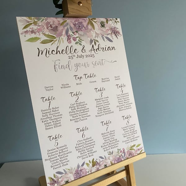 Mauve dusty purple flowers WEDDING table PLAN seating sign foliage green foliage