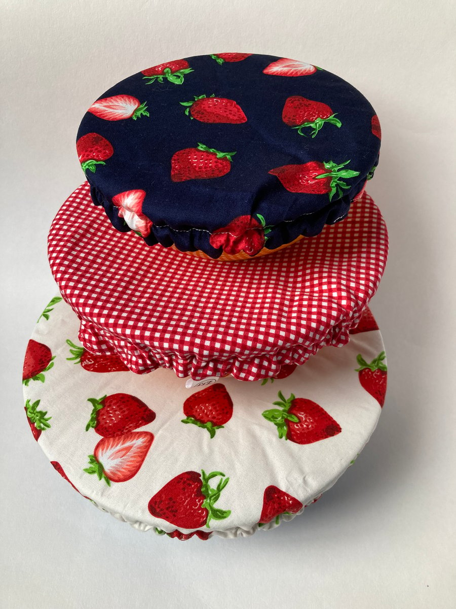 Reusable bowl covers - set of three in red and blue strawberry design.