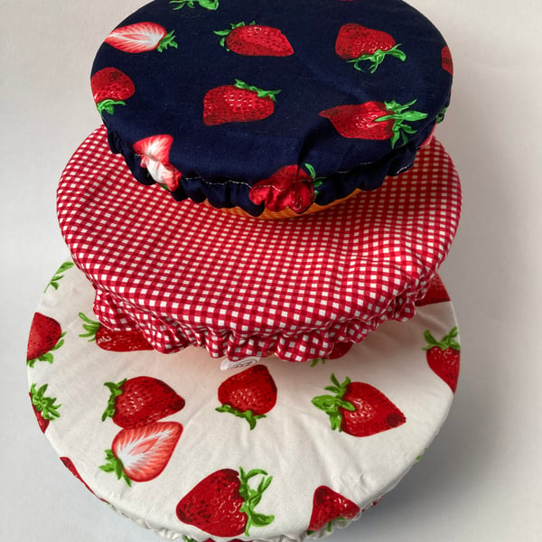 Reusable bowl covers - set of three in strawberry design.
