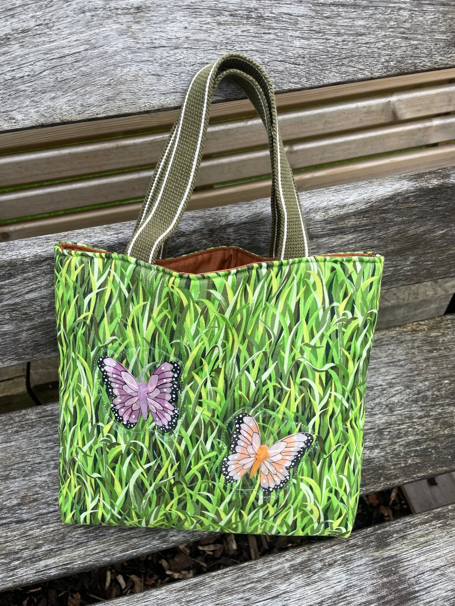 Small Grass & Butterfly Themed fabric Tote Bag.