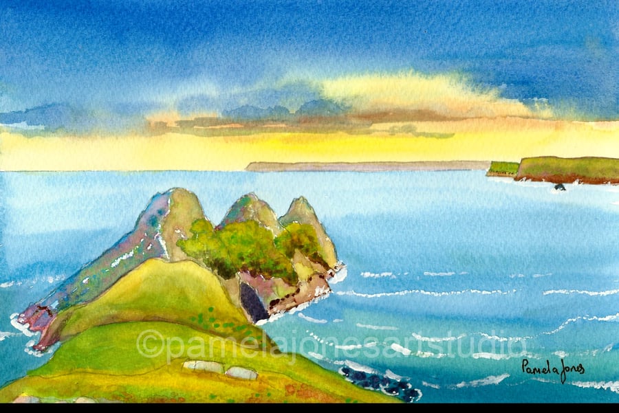 Morning Light, Three Cliffs Bay, Gower, Watercolour Print in 14 x11'' mount