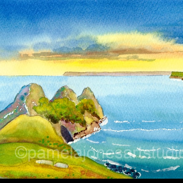 Morning Light, Three Cliffs Bay, Gower, Watercolour Print in 14 x11'' mount