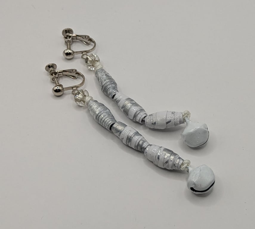 Silver And White Dangly Christmas Clip On Paper Bead Bell Earrings 