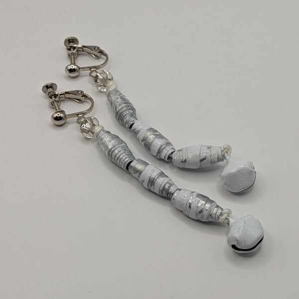 Silver And White Dangly Christmas Clip On Paper Bead Bell Earrings 
